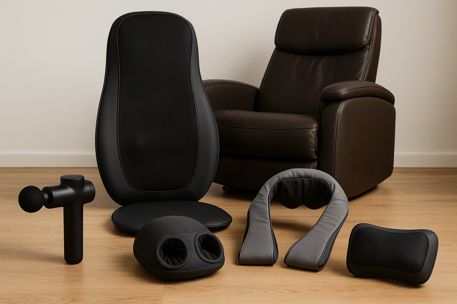 Verschiedene elektrische Massagegeräte wie Massagepistole, Nacken, Rücken, Shiatsu, Faszien, füße