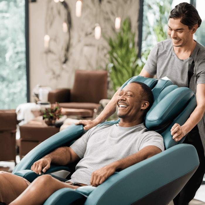 Ein Mann sitzt auf Massagesessel, ein weiterer steht dahinter