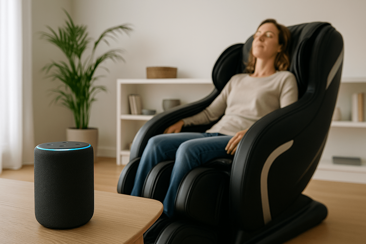 Žena sedí uvolněně v masážním křesle, před sebou má zařízení Smart Home Box