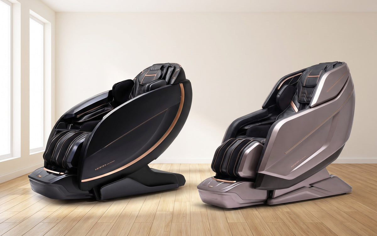 Zwei HUTECH KAI Massagesessel im Showroom: GTS9 und GTS7 Art Motion, Rendering