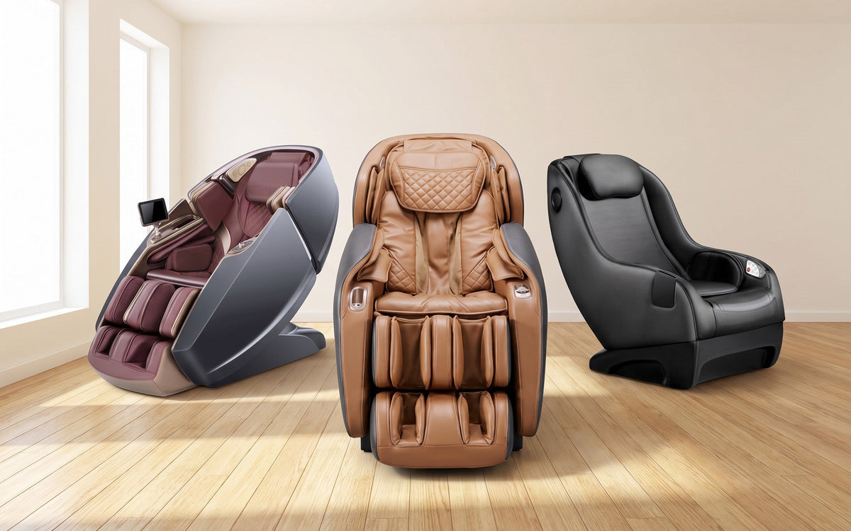 Drei NAIPO Massagesessel im Showroom: MGC-8900, MGC-A350 und MGCHR-A150, Rendering