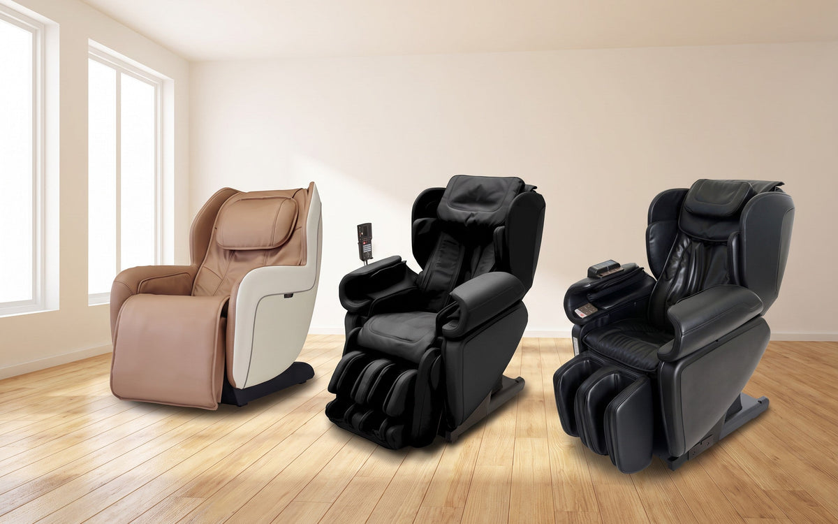 Drei SYNCA Massagesessel im Showroom: CirC plus, KaGra und Kurodo, Rendering