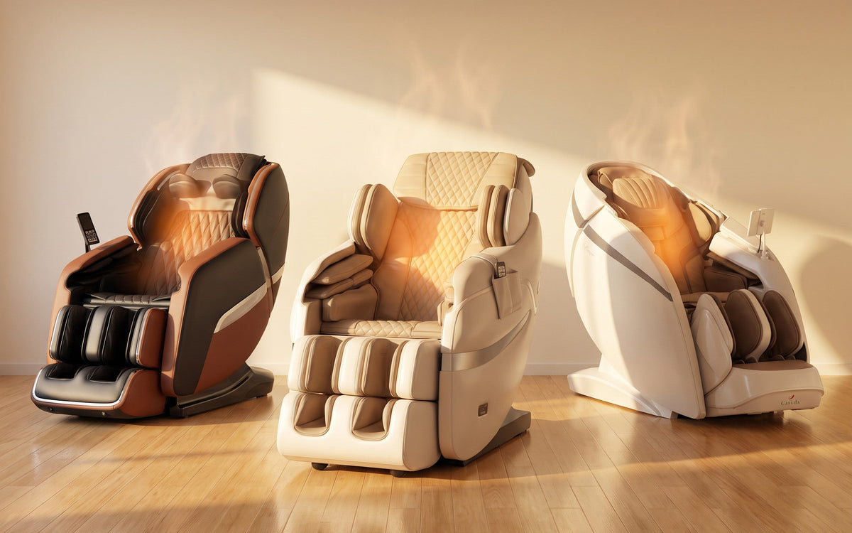 Drei Massagesessel mit Wärmefunktion im Showroom, warm leuchtend, Rendering