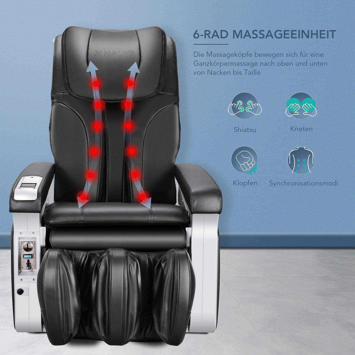 
Grafik zur 6-Rad-Massageeinheit des NAIPO MGC-M15: Shiatsu, Kneten, Klopfen