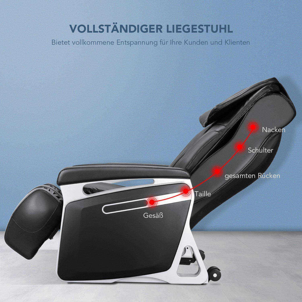 
Grafik zur Liegeposition des NAIPO MGC-M15 mit den Massagezonen von Nacken bis Gesaess
